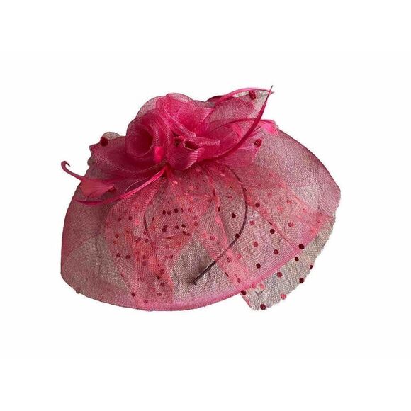 Vintage Hat Fascinator Kentucky Derby Red Rise Polkadot Sheer Headband Mesh - Picture 1 of 11